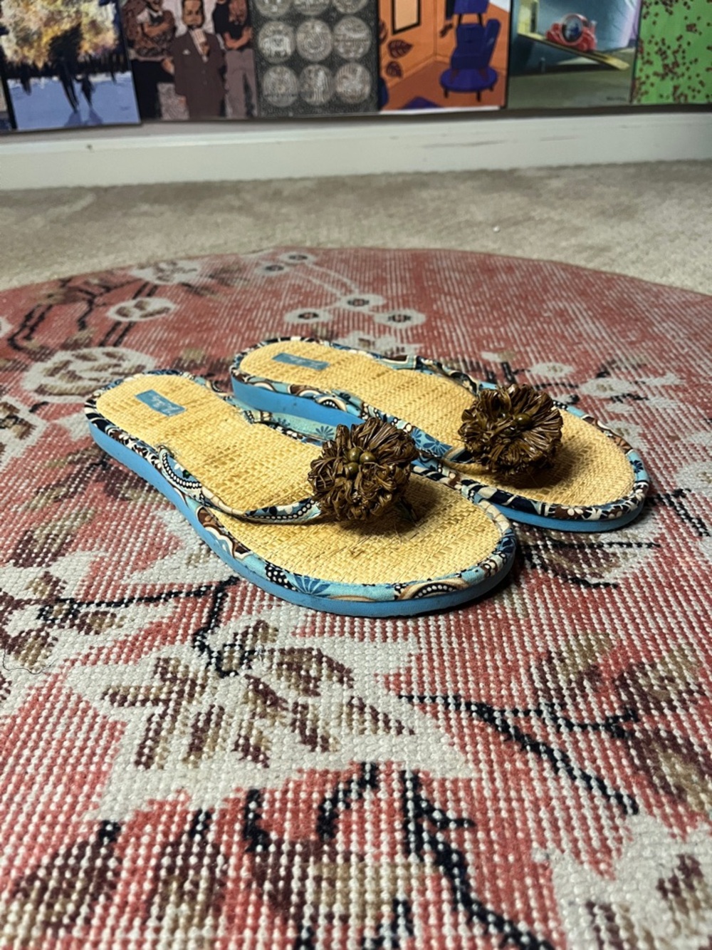 Vera Bradley Blue Paisley Straw Pom Pom Flip Flop Sandals